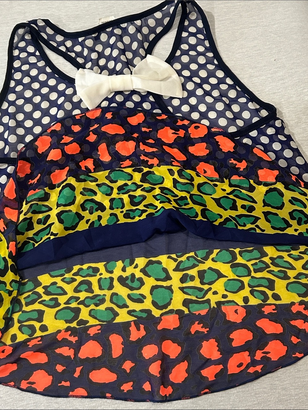 Beware! Girls Navy Polka Dot Racerback Tank with Neon Animal Trim Sz XL - Picture 7 of 7